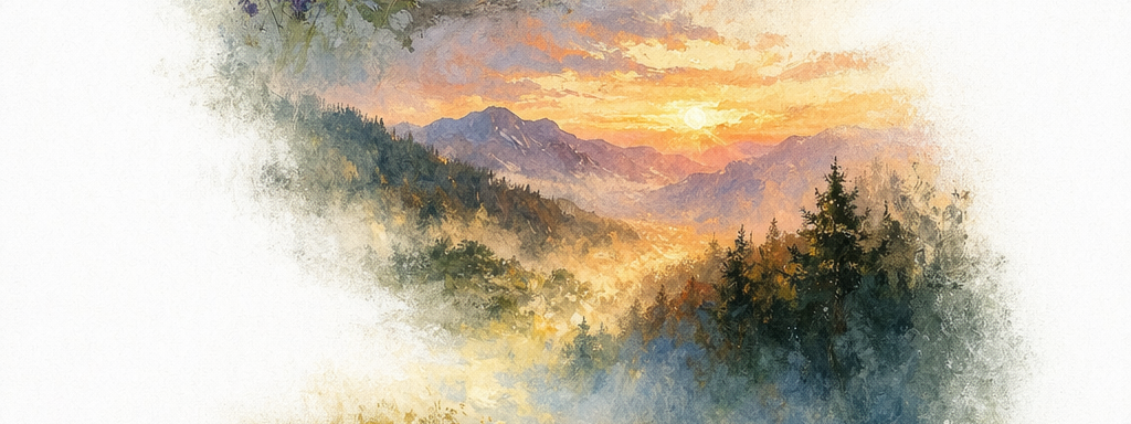 Impressionist alpine river and warm valley