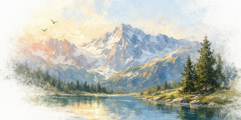 Impressionist alpine lake and mountain landscape