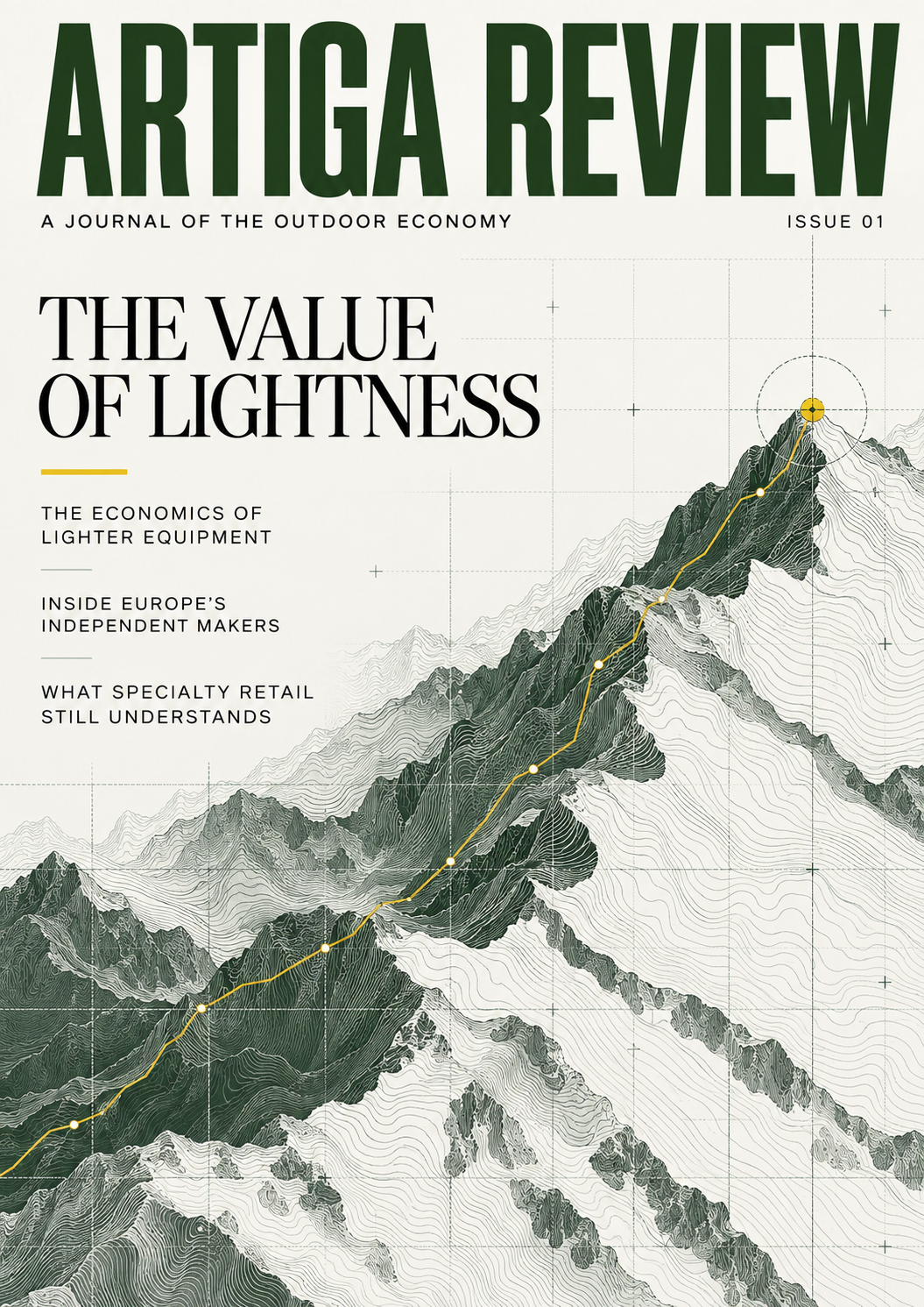 Artiga Review issue 01: The Value of Lightness. Mountain contour lines with a yellow route ascending the ridge.
